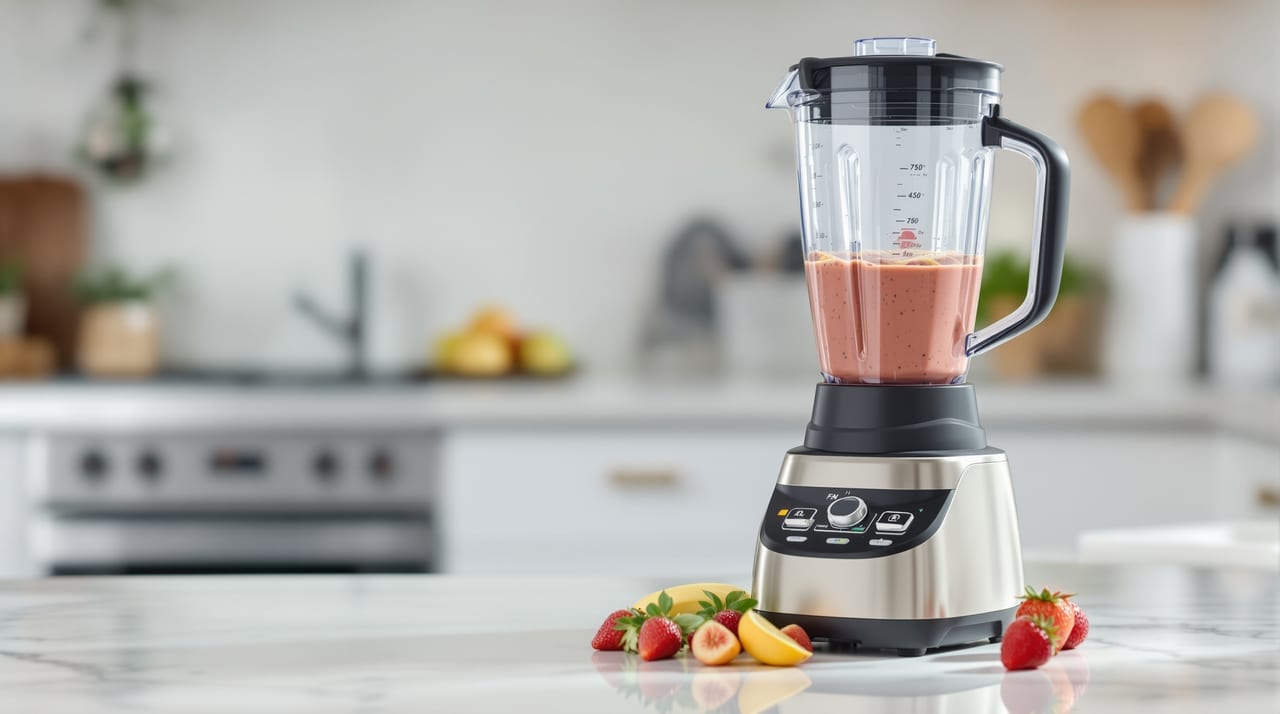 Standmixer mit Smoothie auf einer Küchenablage