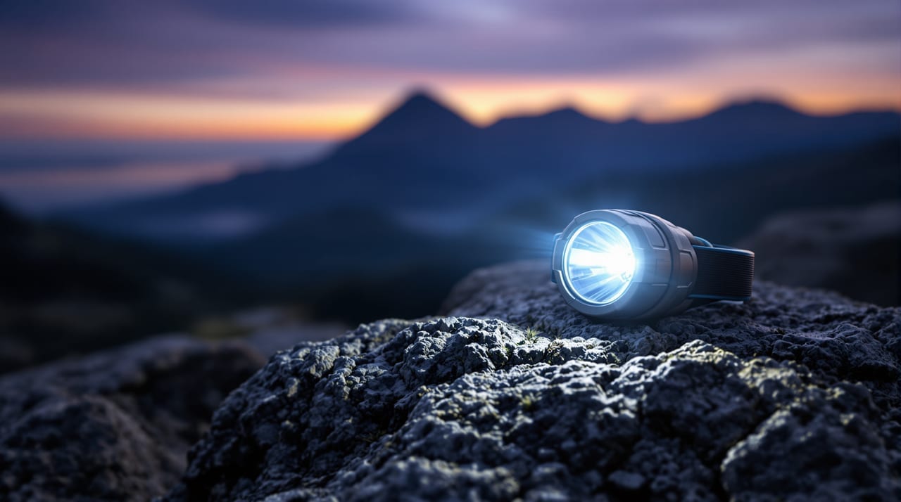 Stirnlampe auf einem Felsen im Freien in der Dämmerung