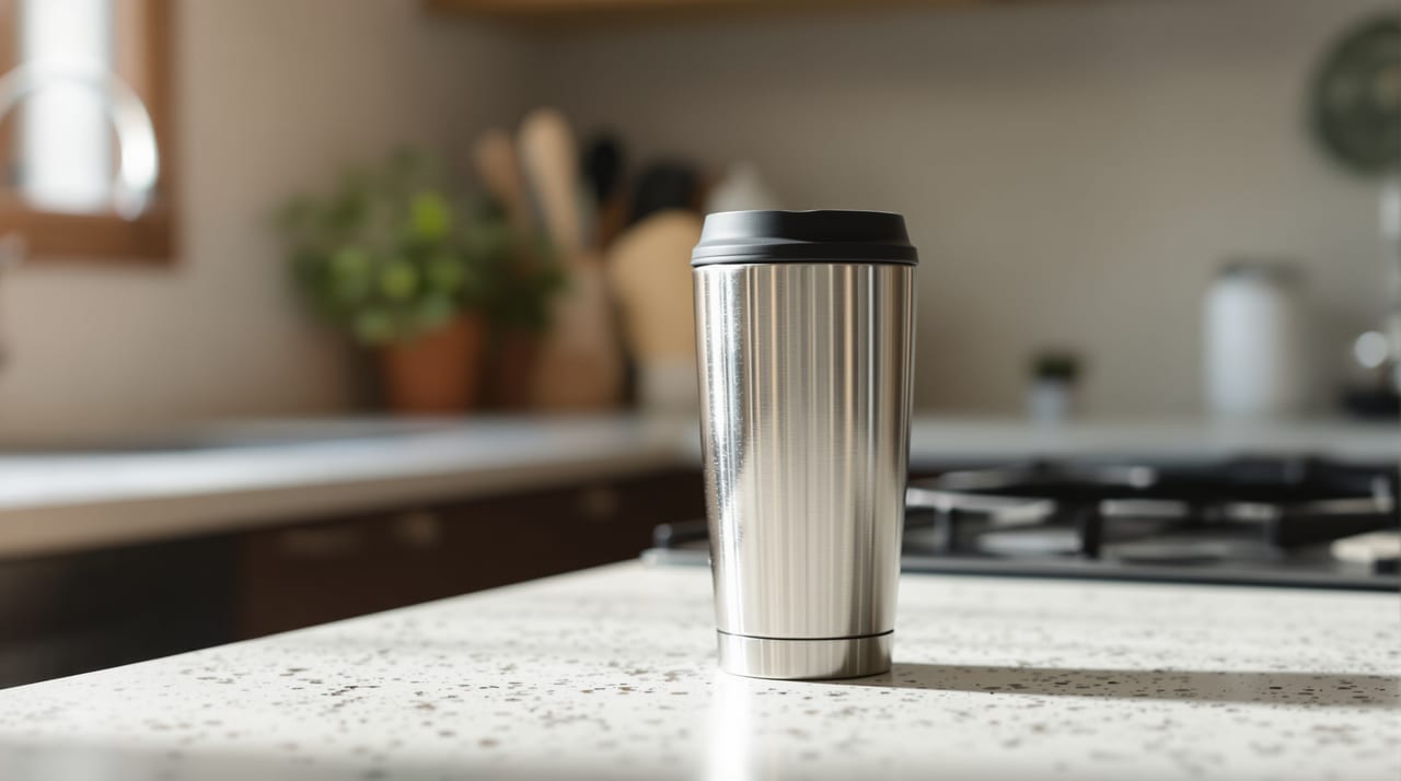 Thermobecher aus Edelstahl auf einer Küchenablage