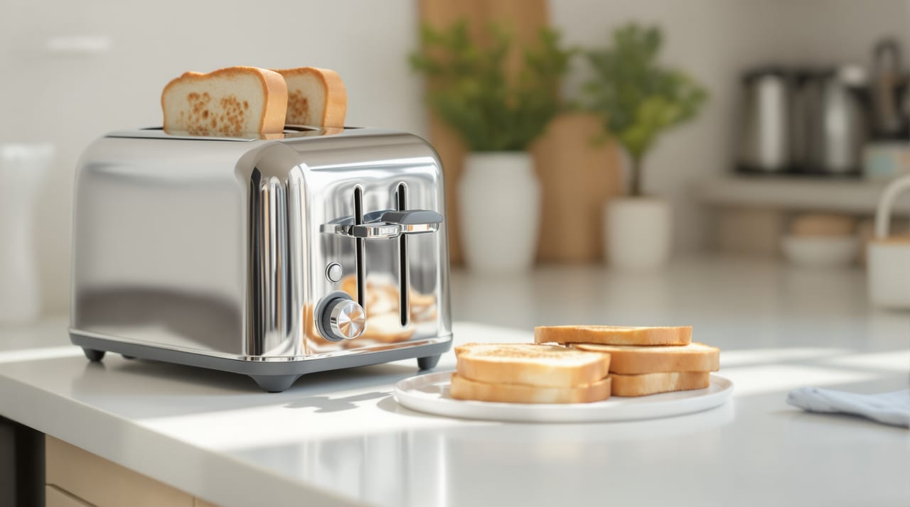 Edelstahl-Toaster mit Toast auf der Küchenablage