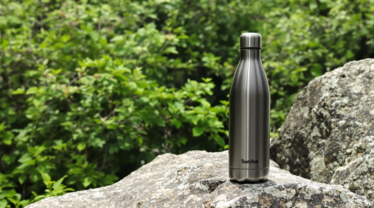Edelstahl-Trinkflasche im Freien auf einem Stein