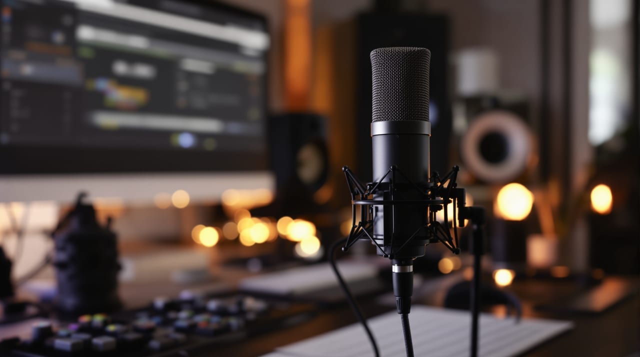 USB-Mikrofon auf einem Tischständer im Homestudio