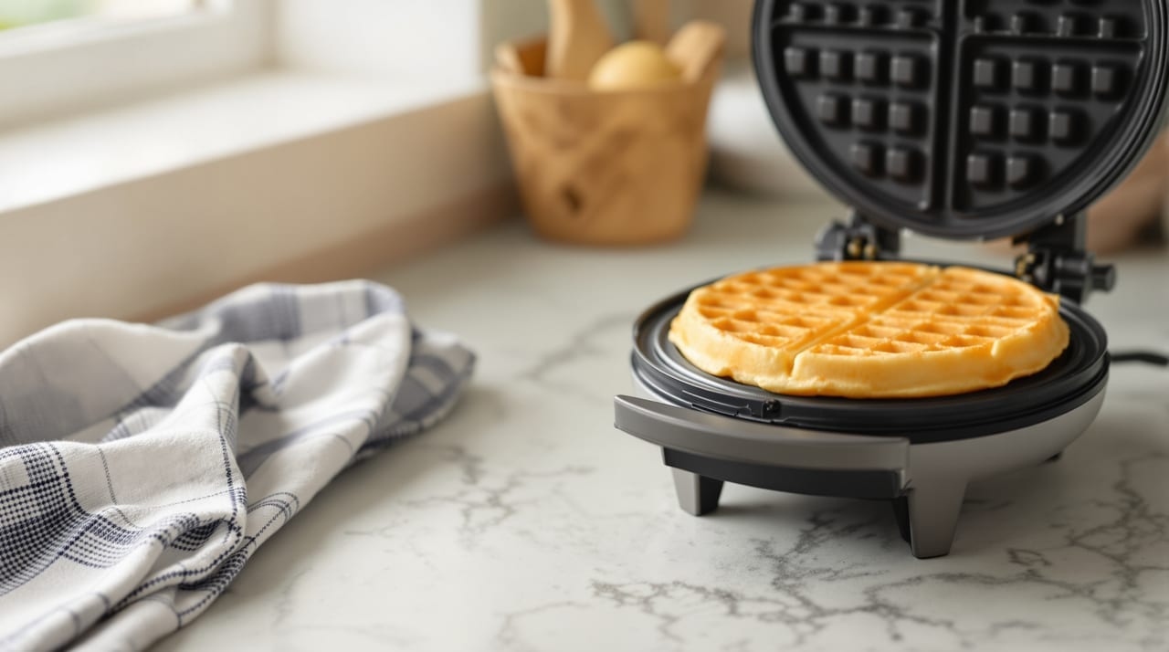 Waffeleisen mit einer frischen Waffel auf der Küchenablage