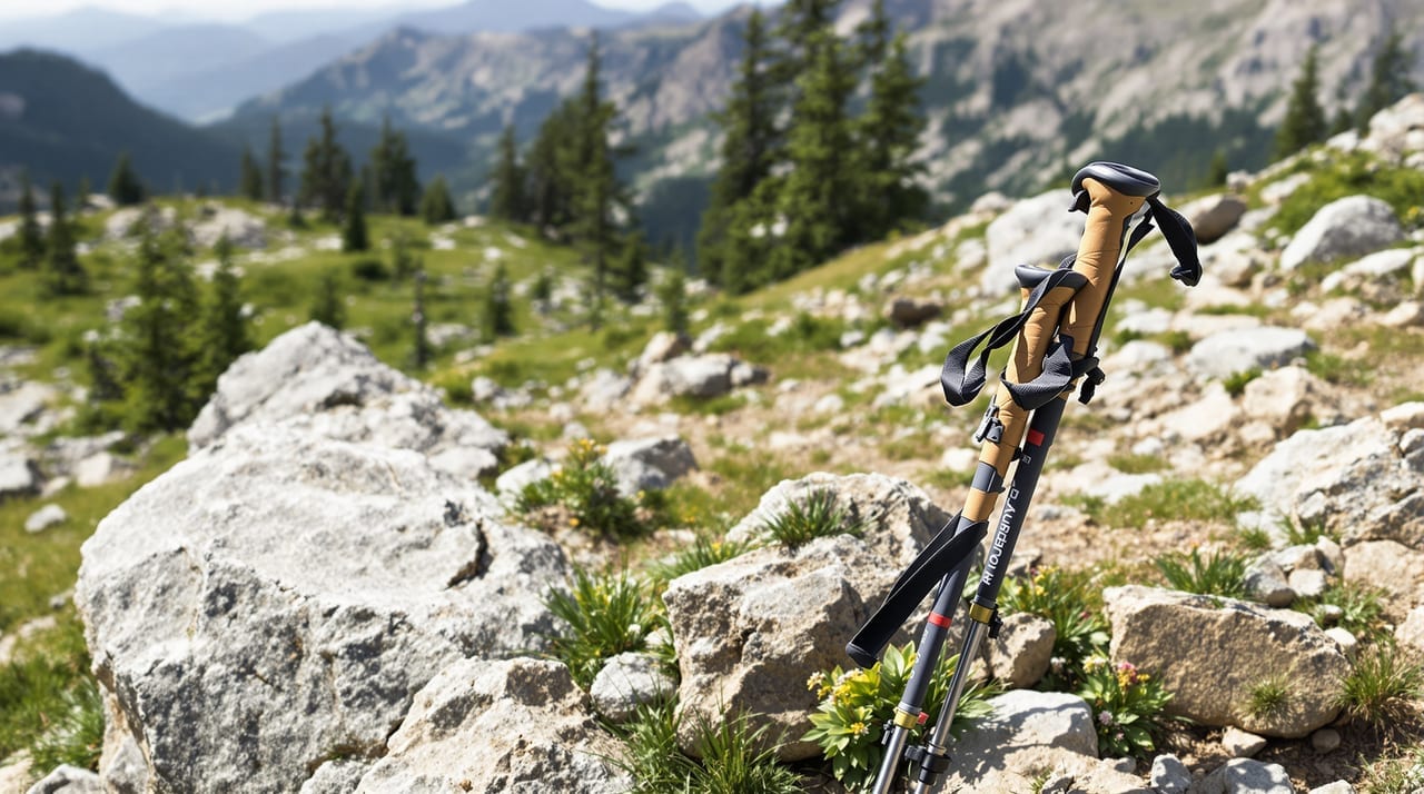 Wanderstöcke an einem Felsen auf einem Bergpfad