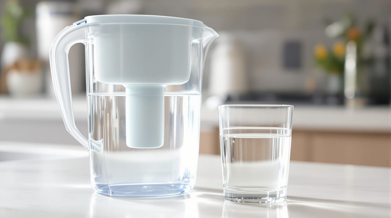 Wasserfilter-Kanne mit einem Glas Wasser auf der Küchenablage