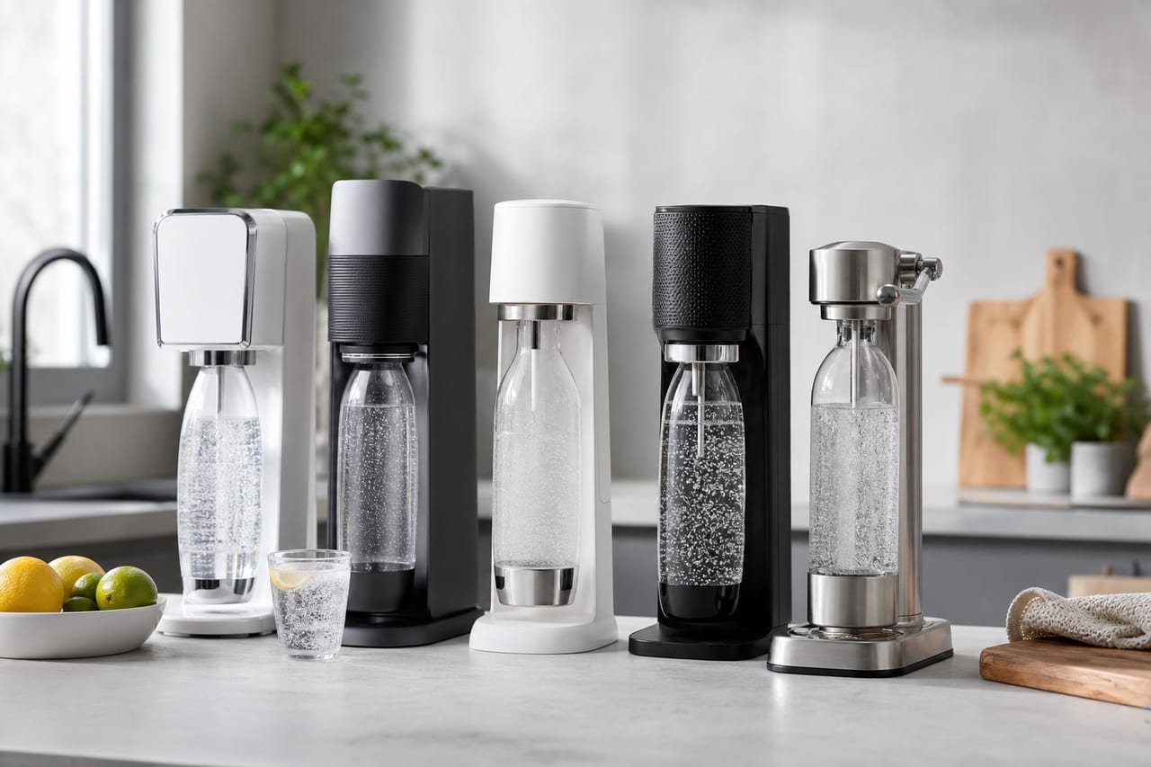 Wassersprudler mit Glasflasche auf einer hellen Küchenarbeitsplatte