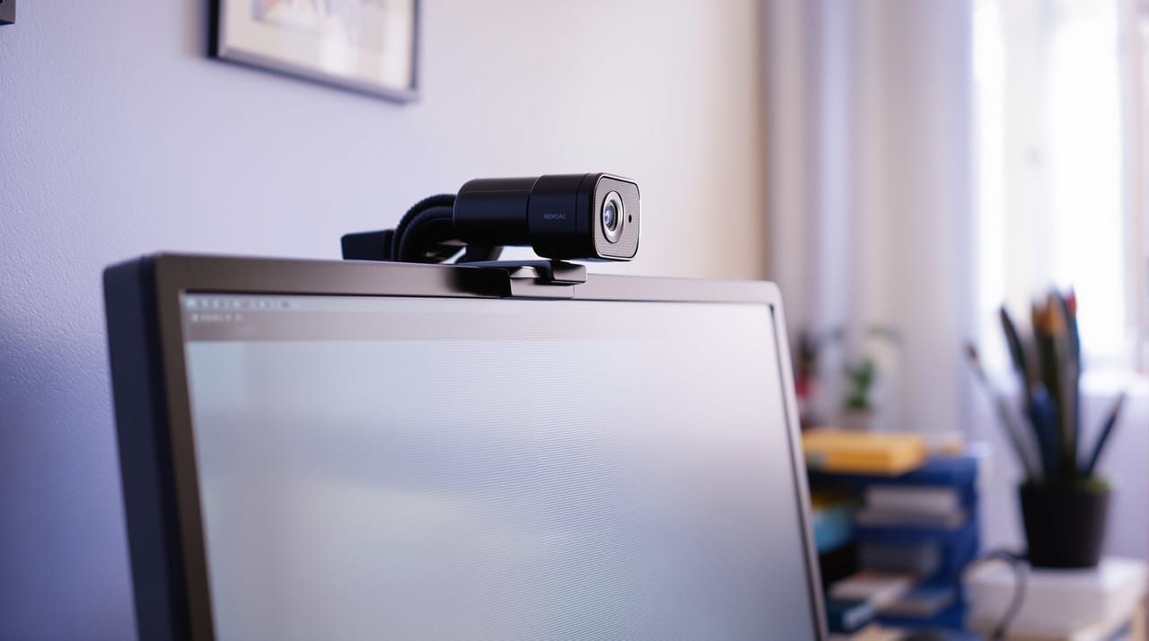 Webcam auf einem Monitor an einem aufgeräumten Schreibtisch