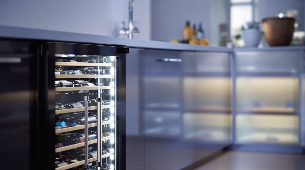 Weinkühlschrank mit Flaschen in moderner Küche