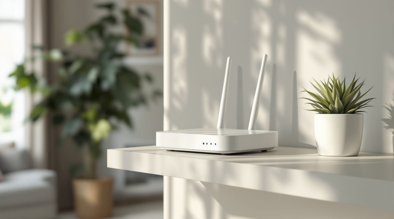 WLAN-Router auf einem Regal im hellen Wohnzimmer